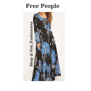 Free People Black and Blue Floral Long Sleeve Dress